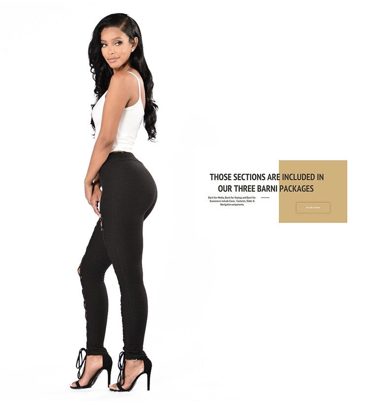 Leggings sexys de estilo europeo y americano para otoño/invierno con tirantes dobles de ojales, lazos cruzados y corte ajustado al tobillo en color liso.