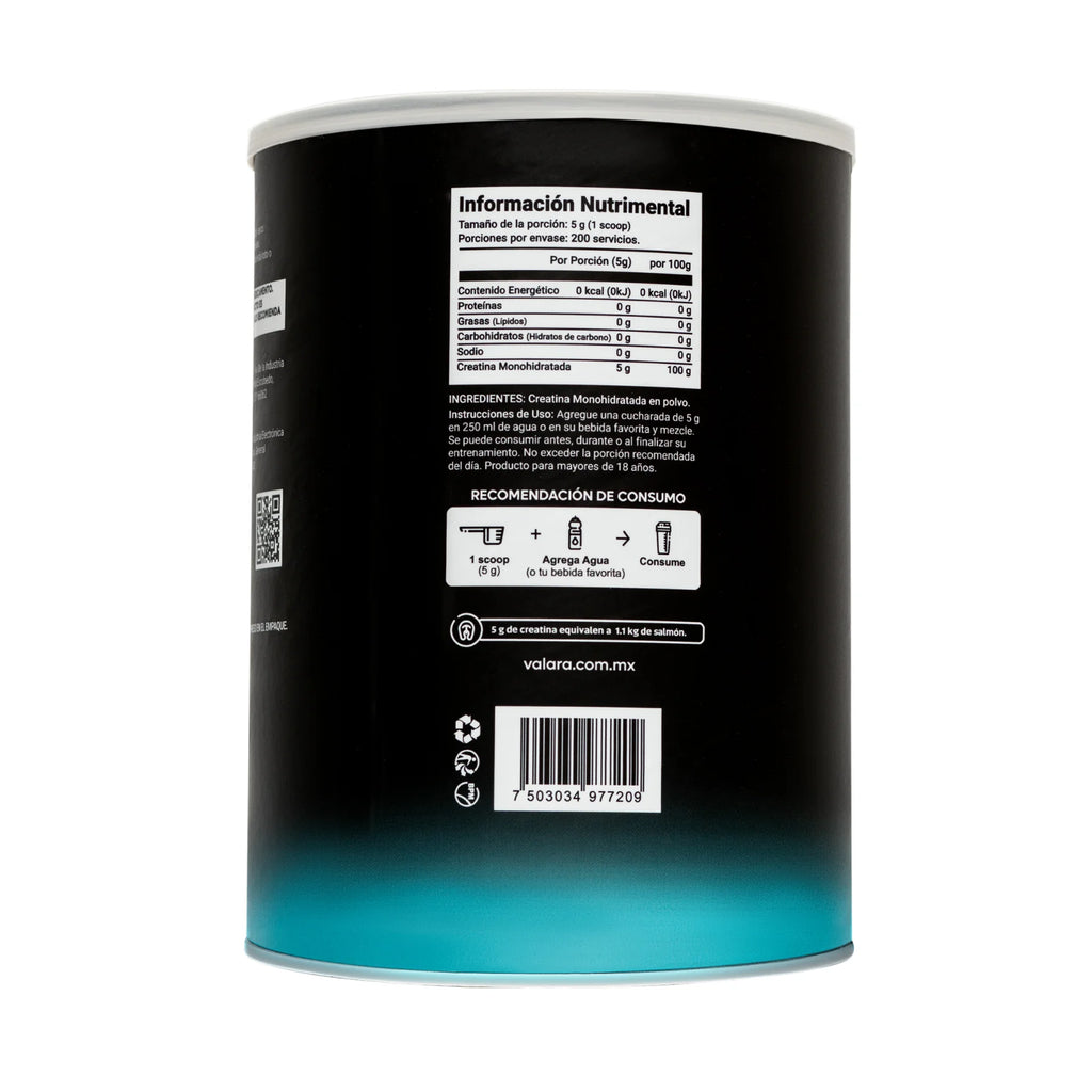 Creatina Monohidratada Valara 1Kg, Alta pureza, 200 Porciones