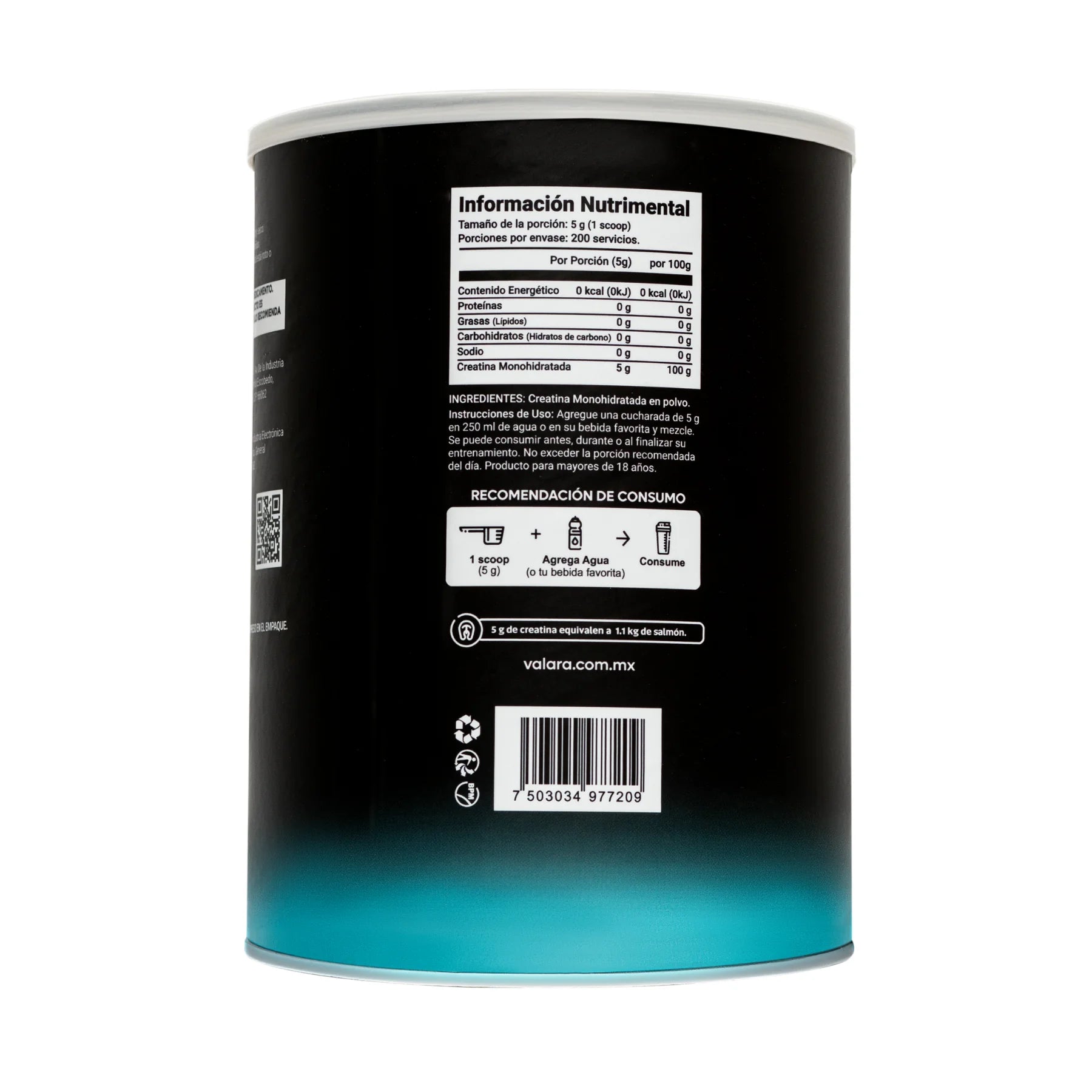 Creatina Monohidratada Valara 1Kg, Alta pureza, 200 Porciones