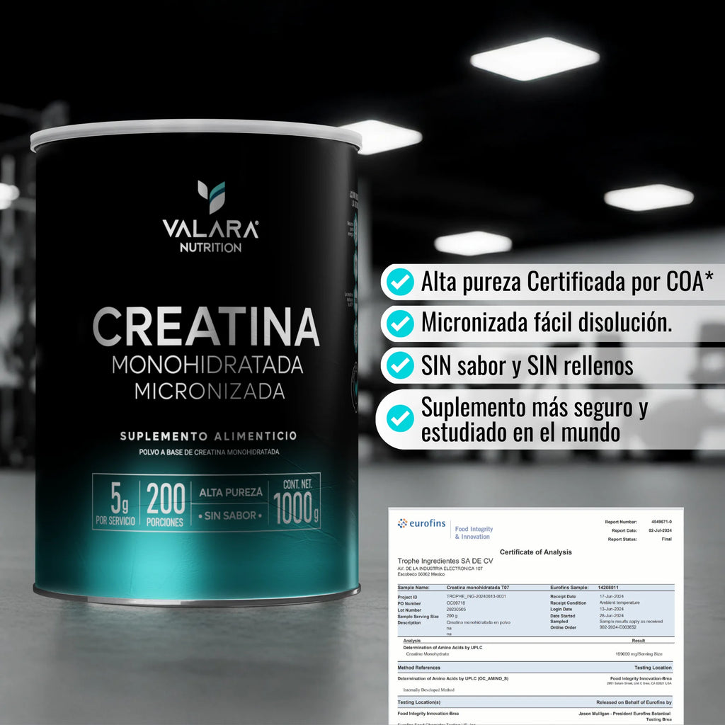 Creatina Monohidratada Valara 1Kg, Alta pureza, 200 Porciones