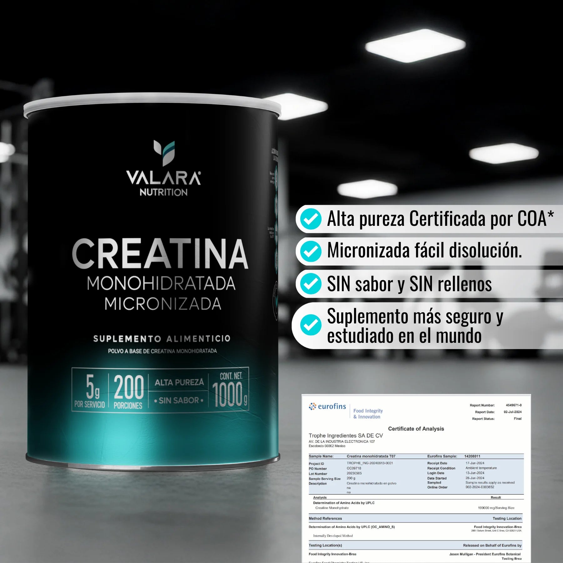 Creatina Monohidratada Valara 1Kg, Alta pureza, 200 Porciones