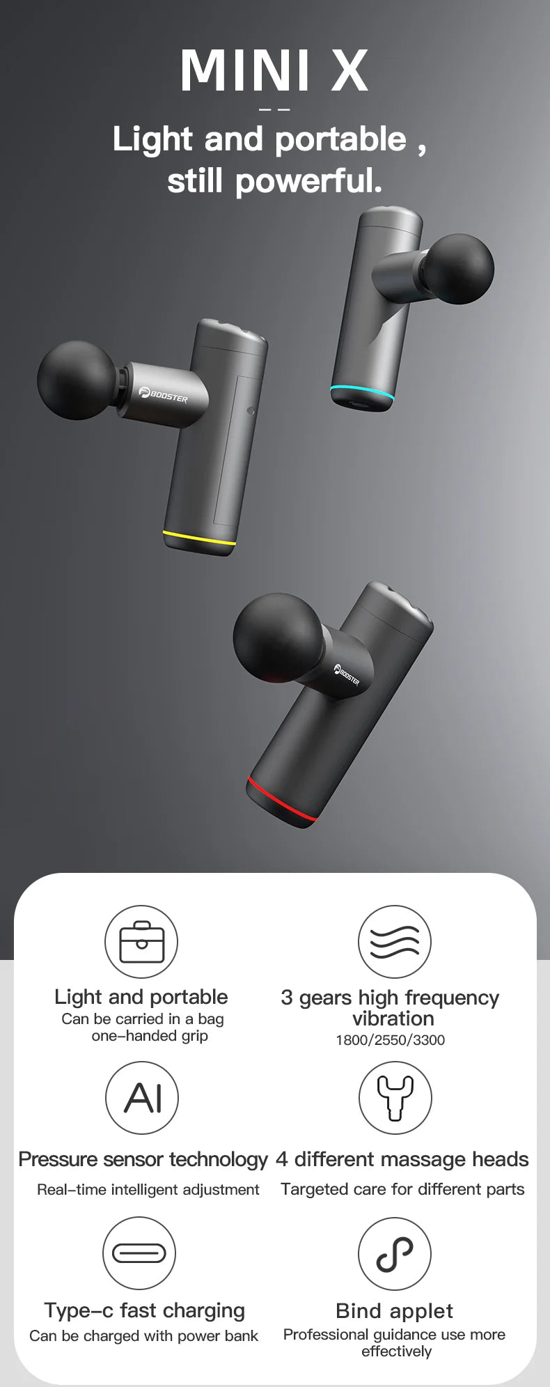 Booster Mini X pistola de masaje percusión masajeador de espalda y cuello vibradores eléctricos portátil Fitness Mini máquina de masaje corporal