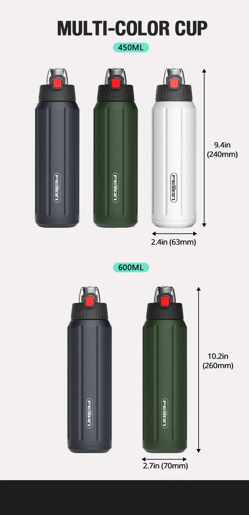 FEIJIAN Termo de doble pared, botella deportiva, 600 ml, acero inoxidable 18/10, termo, vaso aislado, a prueba de fugas, personalizado