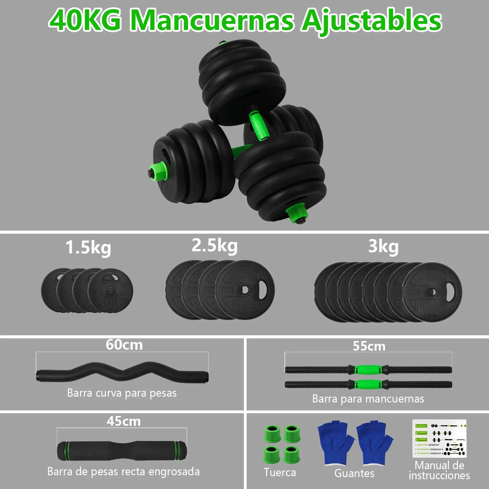 Juego de mancuernas ajustables de 10-40 kg para fitness con barras suaves gruesas antideslizantes multifunción para uso doméstico