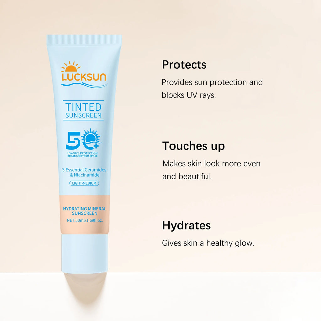 Protector solar teñido SPF 50 Protector solar mineral hidratante para el tono uniforme de la piel con ceramidas niacinamida para tonos de piel claros y medianos, 50 ml