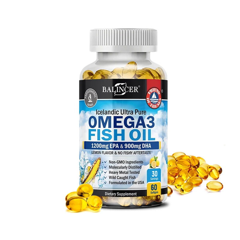 Cápsulas de aceite de pescado Omega-3 - Riche en DHA y EPA - Apoya la salud del cerebro y del sistema nervioso, suplemento dietético
