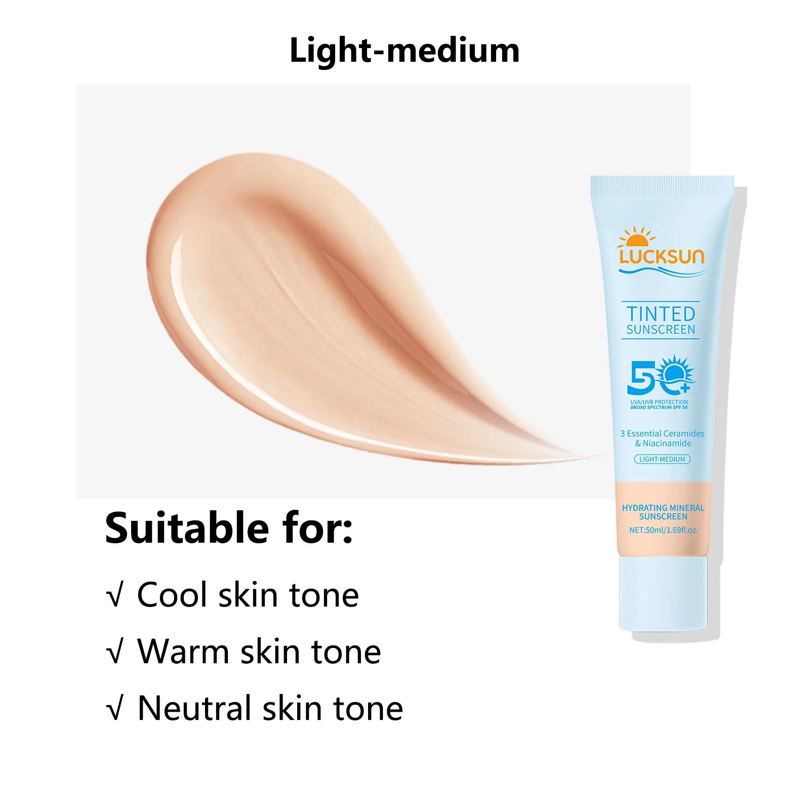 Protector solar teñido SPF 50 Protector solar mineral hidratante para el tono uniforme de la piel con ceramidas niacinamida para tonos de piel claros y medianos, 50 ml