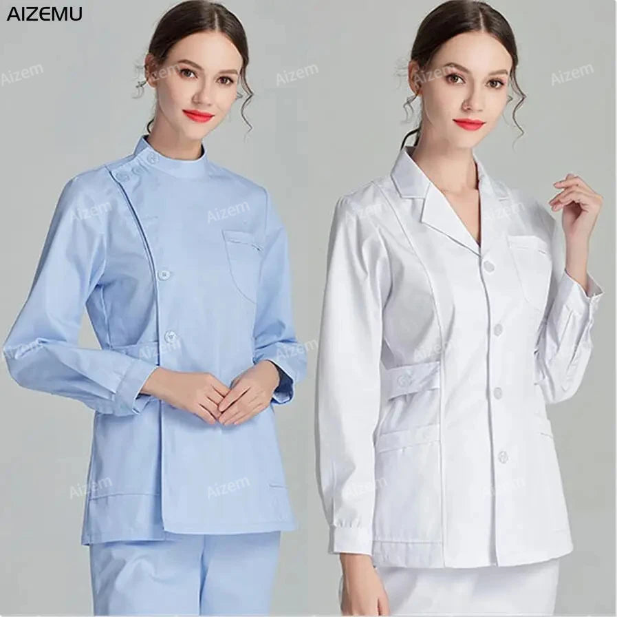 Uniformes de enfermera de manga larga azul, bata de laboratorio, uniforme de médico para mujer, prendas de vestir, ropa médica, ropa de trabajo de salón de belleza