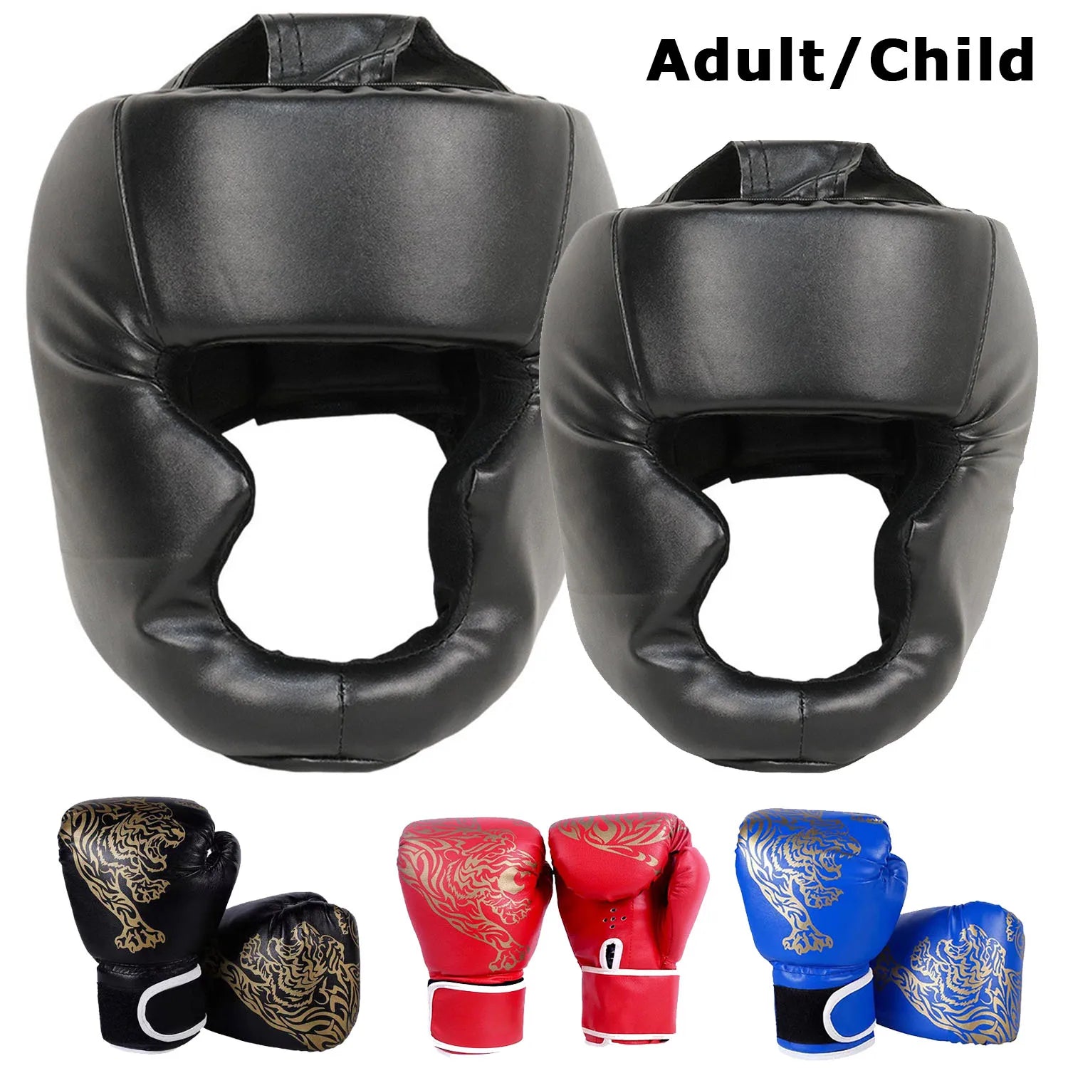 Guantes de boxeo de seguridad MMA para adultos/niños, protectores de cabeza para casco, guantes de cuero PU, entrenamiento de boxeo para niños, Kickboxing, objetivo de boxeador
