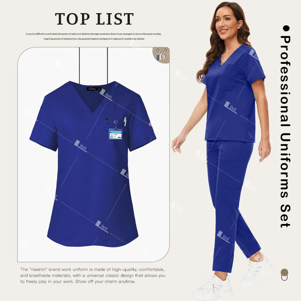 Nuevo conjunto de uniformes médicos, Top elástico con bolsillo, pantalones rectos, uniformes de enfermera, ropa de trabajo de laboratorio para salón de belleza