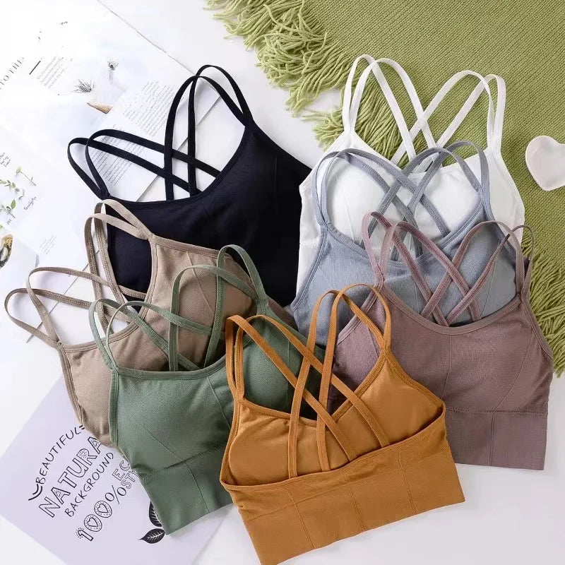 Tops sexis para mujer, camiseta sin mangas con tirantes cruzados en la espalda, Sujetador deportivo Push Up para correr, sujetador de Yoga de Color sólido suave transpirable para Fitness y belleza