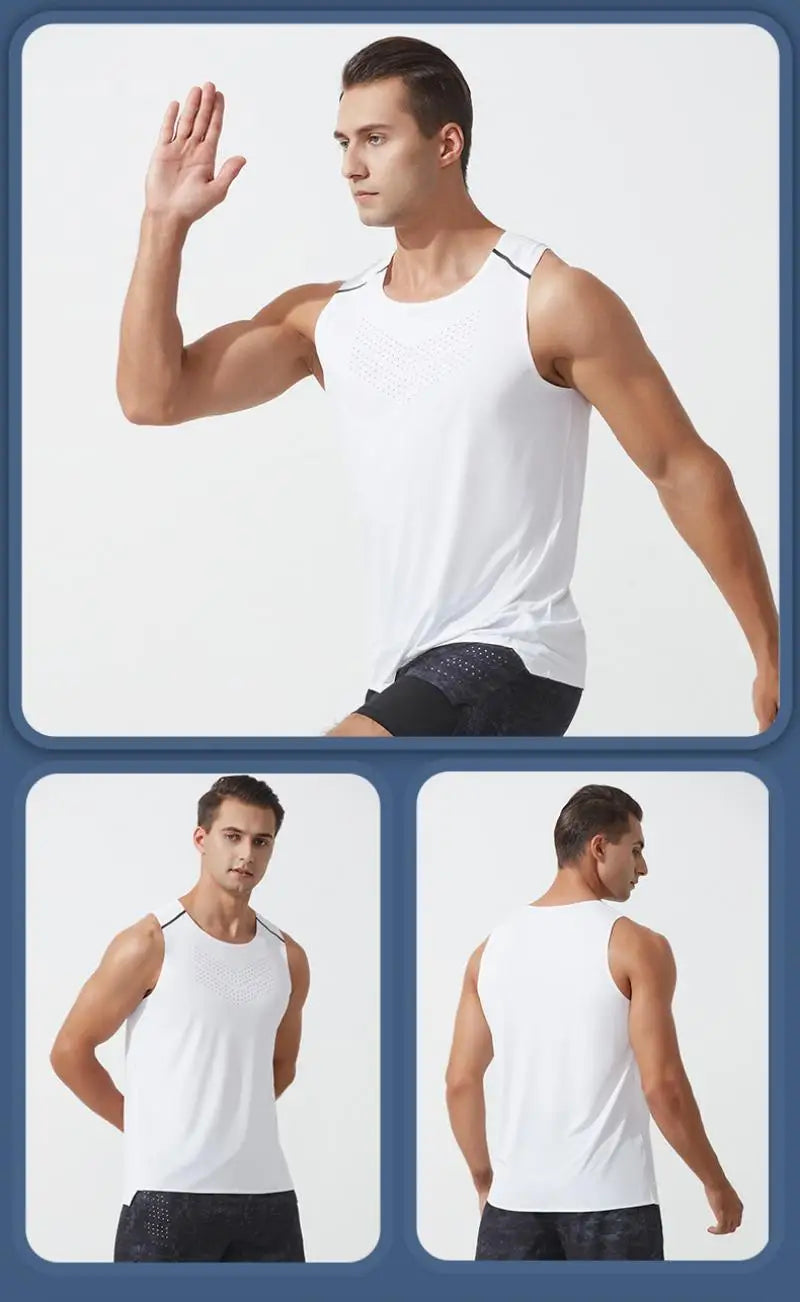 Playera deportiva de secado rápido para hombre, sin mangas de malla elástica