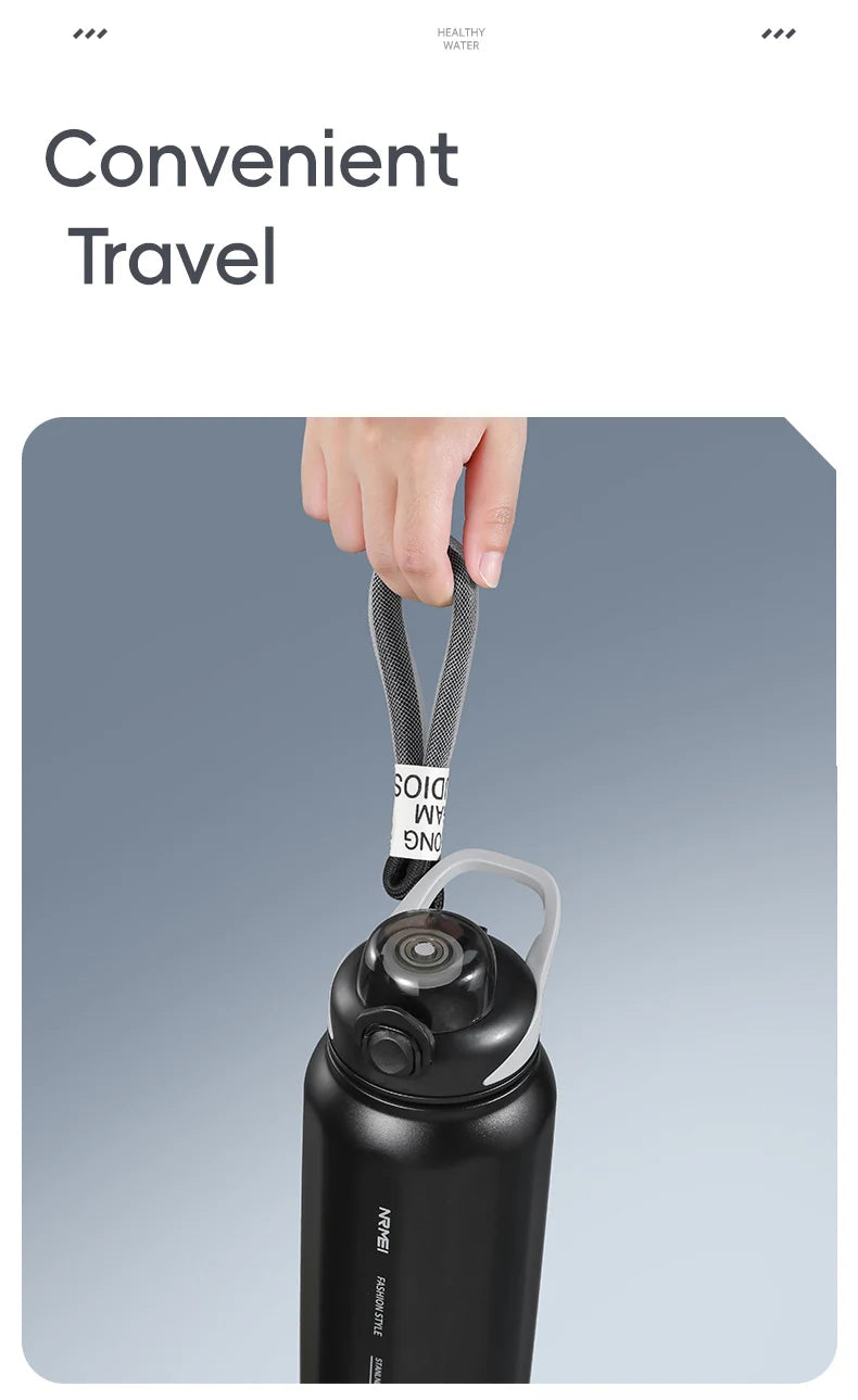 Botella de agua abierta de un botón con cuerda de elevación, botella termo de acero inoxidable de gran capacidad, frascos de vacío para deportes al aire libre