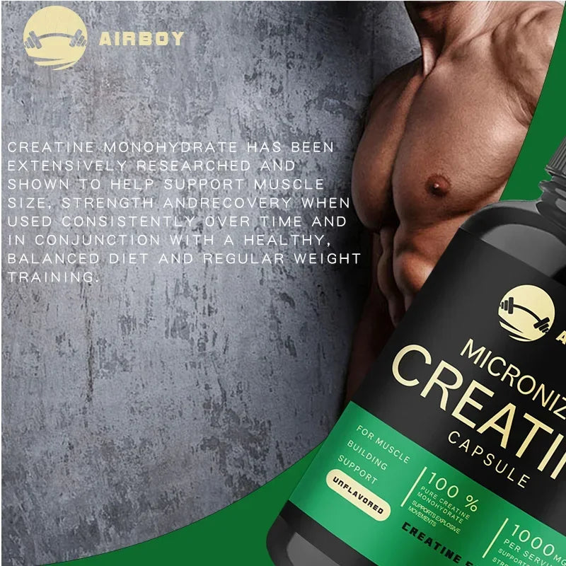 Cápsulas de monohidrato de creatina: suplemento de fuerza, músculo y rendimiento para hombres y mujeres, sin OGM ni sin gluten