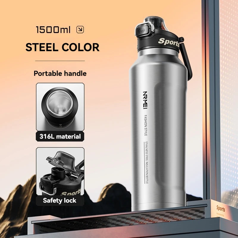 Botella de agua con aislamiento de 1,5 l, taza con aislamiento frío y caliente de acero inoxidable, termo al vacío, frascos de doble pared
