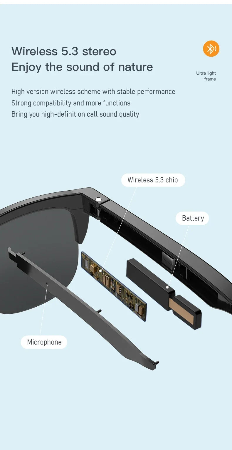 Nuevas gafas de sol inteligentes Bluetooth V5.3 llamadas, auriculares para deportes al aire libre, tecnología negra HIFI, antitouch UV para hombres y mujeres