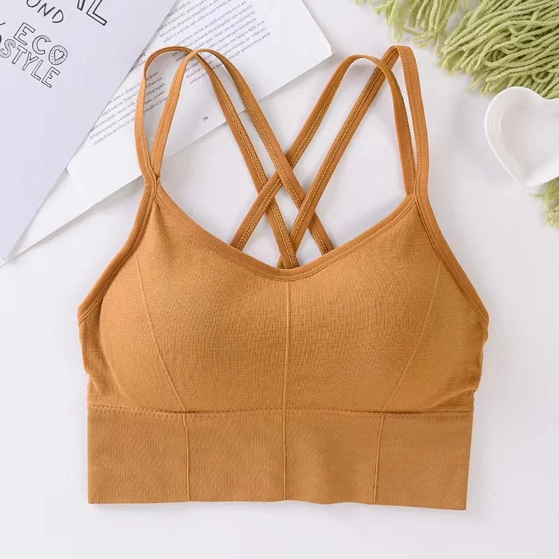 Tops sexis para mujer, camiseta sin mangas con tirantes cruzados en la espalda, Sujetador deportivo Push Up para correr, sujetador de Yoga de Color sólido suave transpirable para Fitness y belleza