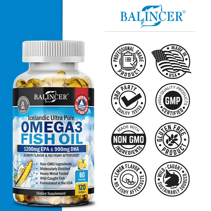 Cápsulas de aceite de pescado Omega-3 - Riche en DHA y EPA - Apoya la salud del cerebro y del sistema nervioso, suplemento dietético