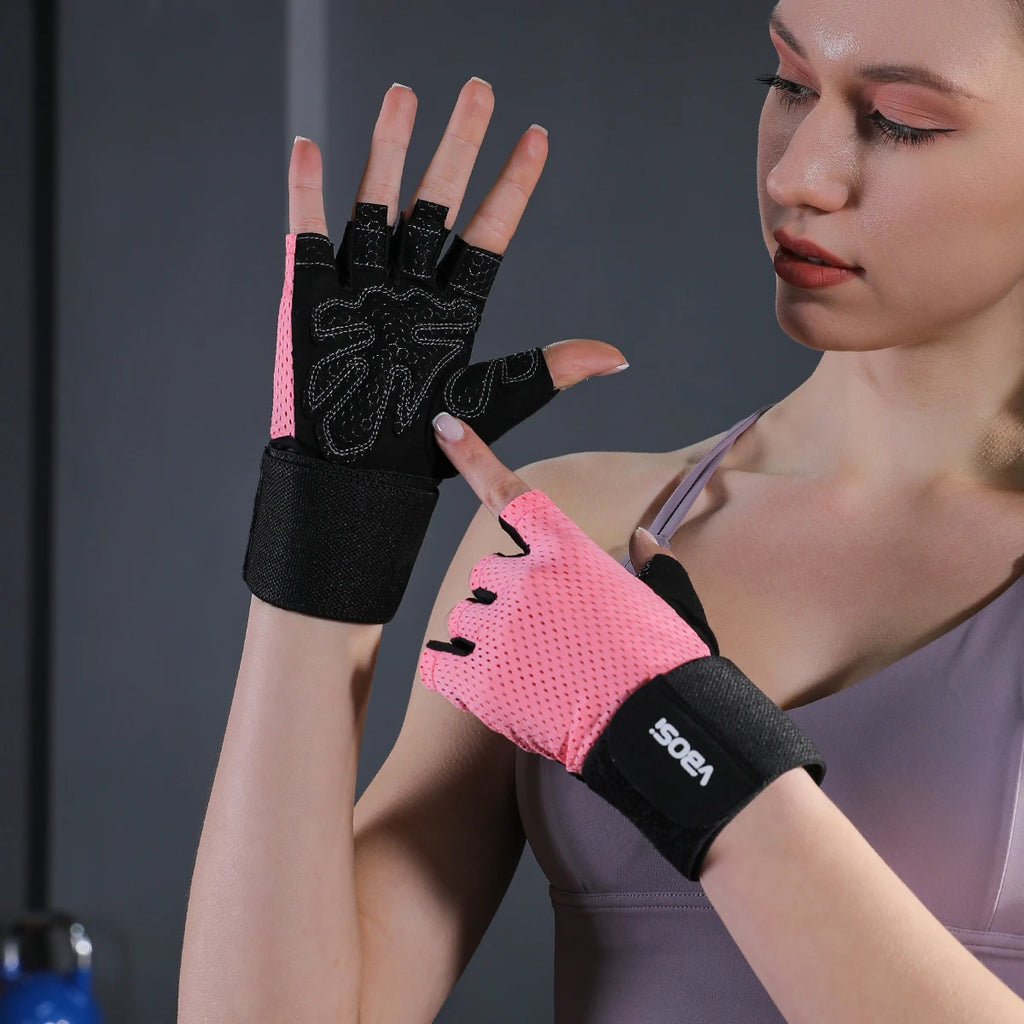VBOSi Guantes deportivos transpirables de medio dedo correas de muñeca ajustables antideslizantes absorción de golpes para gimnasio ciclismo