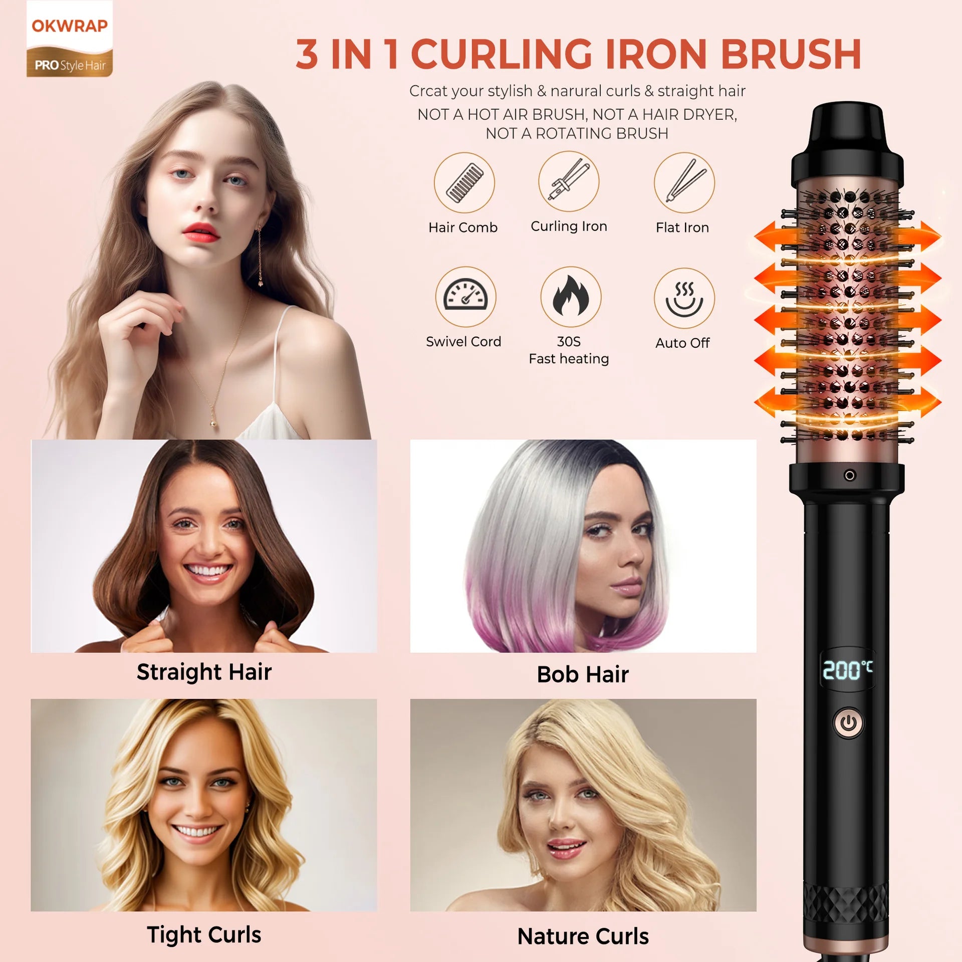 Cepillo caliente multifuncional 3 en 1 para alisar y rizar, peine para peinar el cabello iónico portátil de viaje, calentamiento rápido para cabello grueso/fino