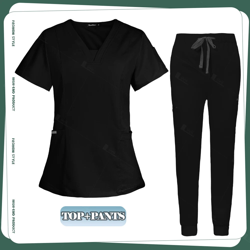 Conjunto de ropa de trabajo clínica para mujer, uniforme de enfermera y enfermería, uniformes médicos, conjunto de exfoliantes, pantalones superiores para escuelas de belleza para mascotas, gris y negro