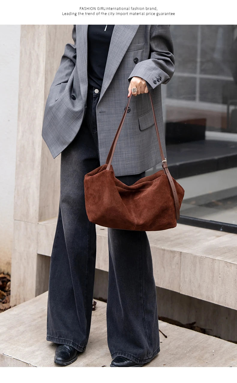 Bandoleras de piel auténtica de vaca de ante para mujer, bandolera de piel de vaca suave, diseño femenino, bolso de viaje perezoso de lujo