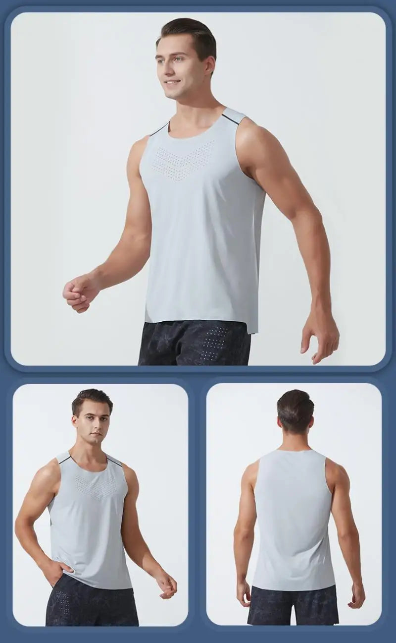 Playera deportiva de secado rápido para hombre, sin mangas de malla elástica