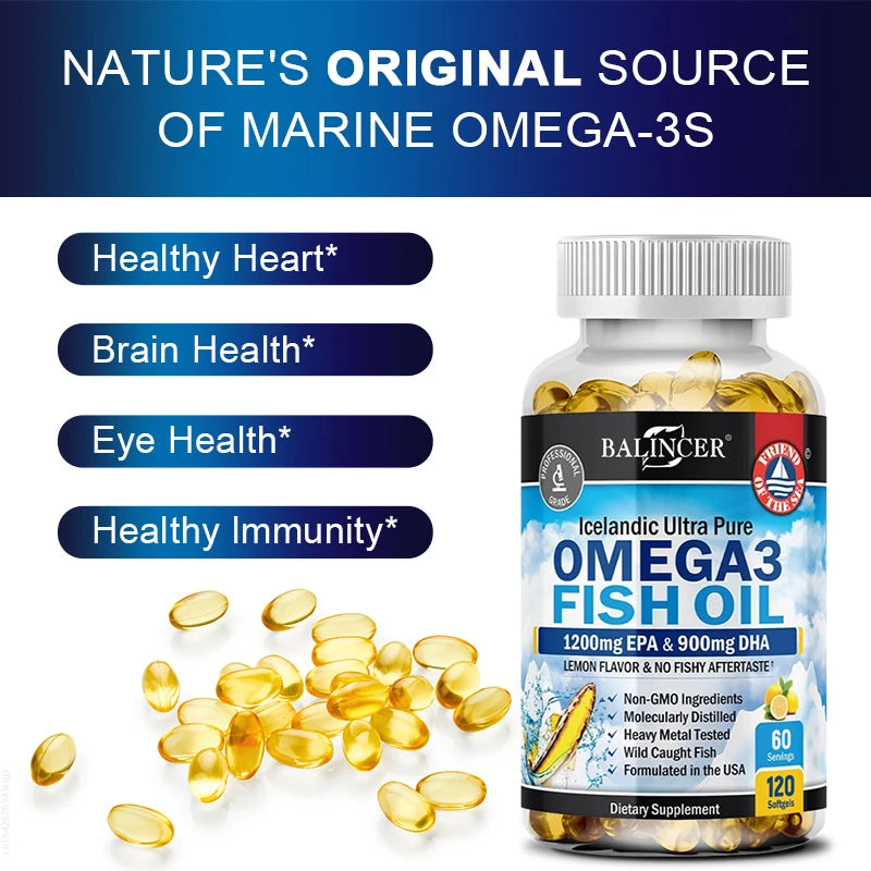 Cápsulas de aceite de pescado Omega-3 - Riche en DHA y EPA - Apoya la salud del cerebro y del sistema nervioso, suplemento dietético