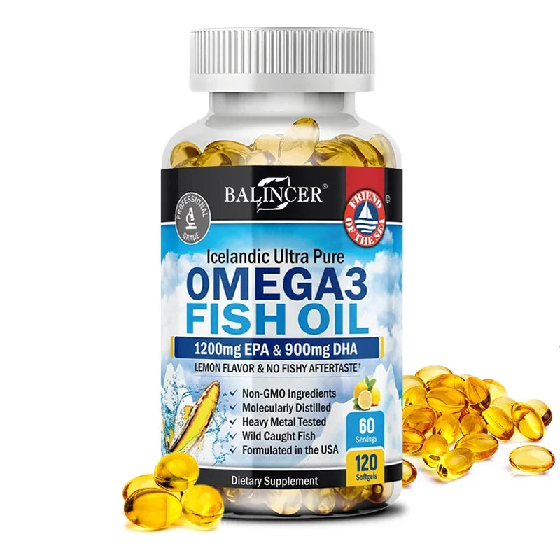 Cápsulas de aceite de pescado Omega-3 - Riche en DHA y EPA - Apoya la salud del cerebro y del sistema nervioso, suplemento dietético