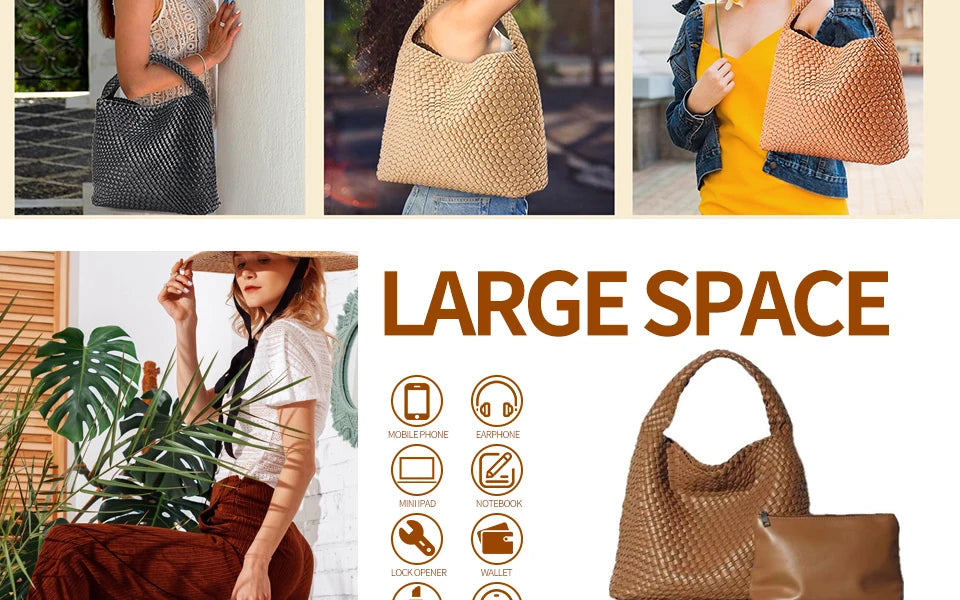 Bolso de mano tejido para mujer, bolso grande tejido, bandolera de cuero suave, bolso de trabajo, comprador, bolso de viaje de playa de verano con monedero