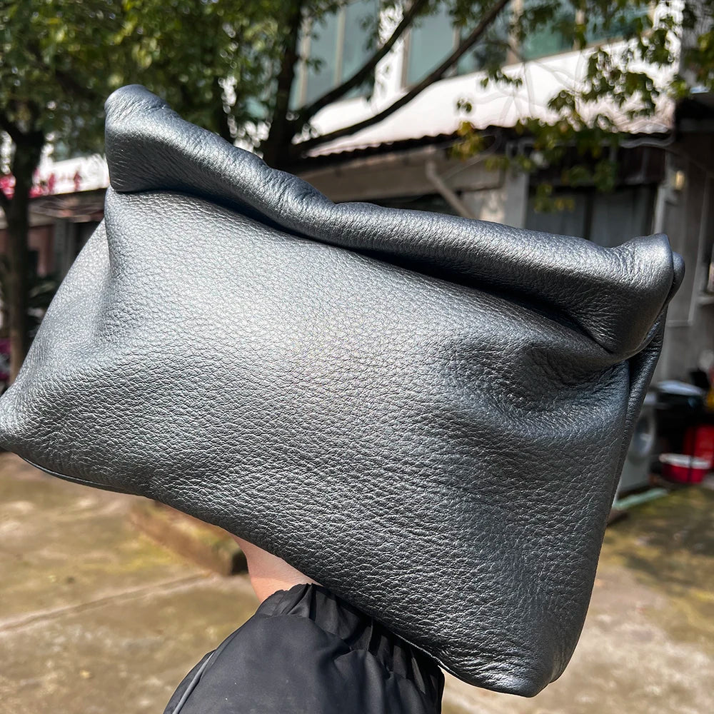 Bolso de mano de piel de vaca 100% auténtica para mujer, bolso de diseñador plegable, bolso con asa magnética Simple