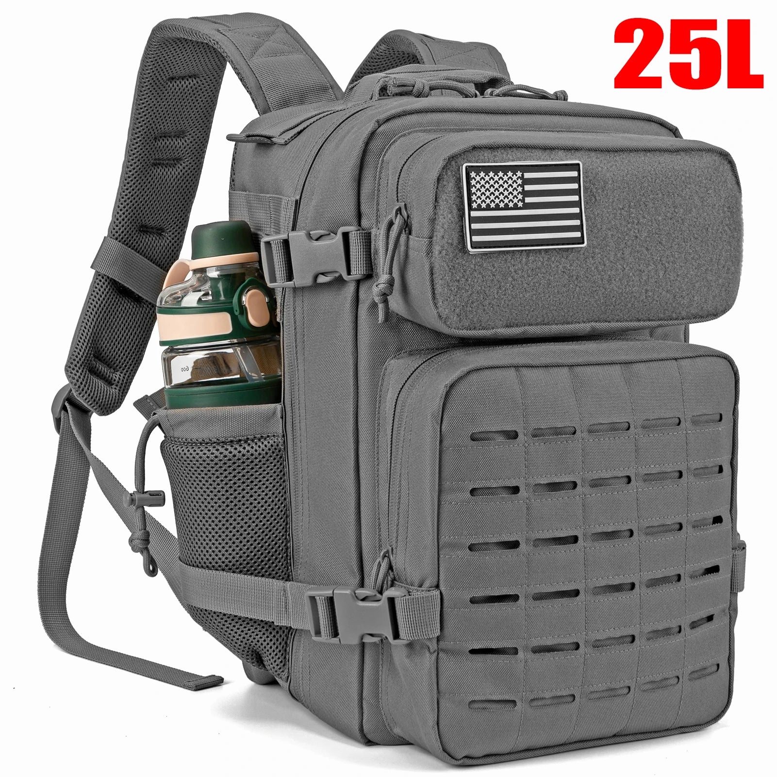 Mochilas tácticas de gimnasio de 25L para hombres, mochila Molle con corte láser de supervivencia, bolsa pequeña para insectos, mochila de caza con portavasos duales