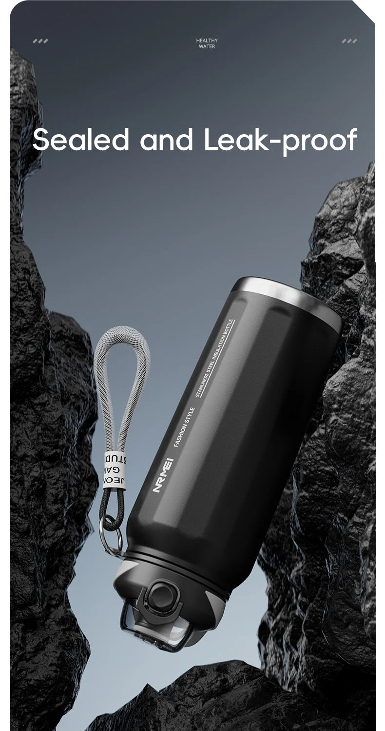 Botella de agua abierta de un botón con cuerda de elevación, botella termo de acero inoxidable de gran capacidad, frascos de vacío para deportes al aire libre