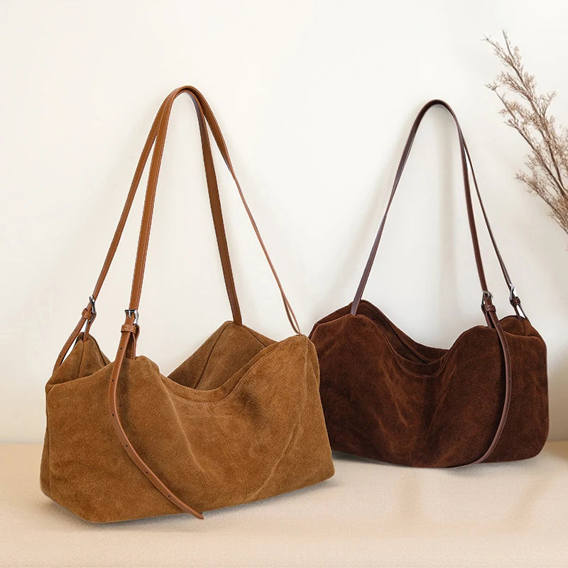 Bandoleras de piel auténtica de vaca de ante para mujer, bandolera de piel de vaca suave, diseño femenino, bolso de viaje perezoso de lujo