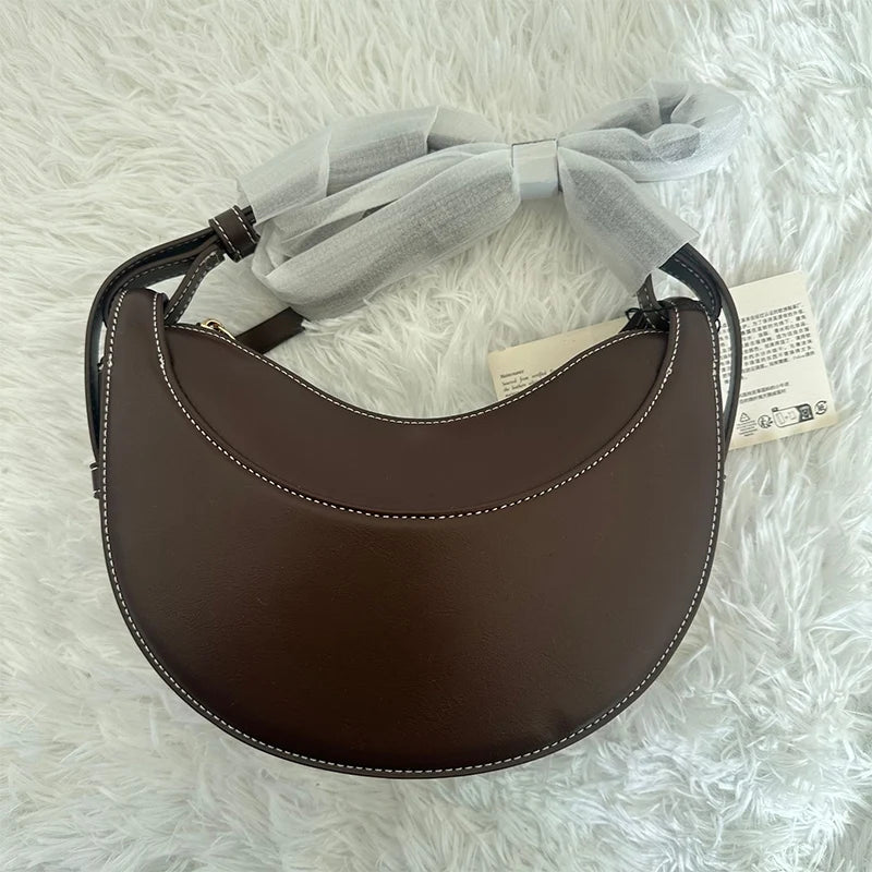 Bolso de hombro de mujer de cuero genuino de moda francesa, bolso de media luna, bolso de hombro tipo bandolera con cierre de cremallera de diseño de nicho