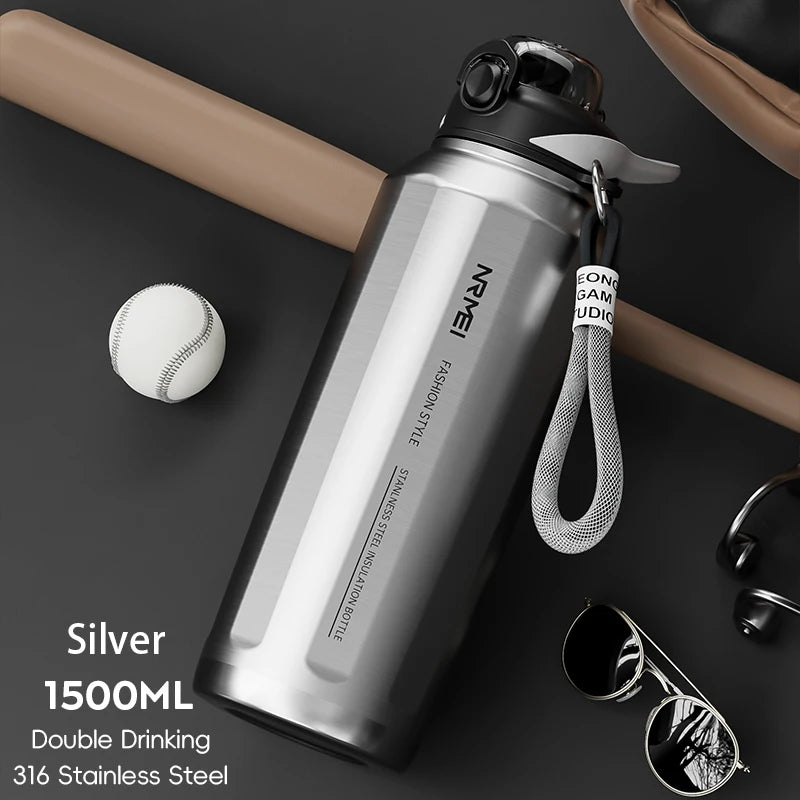 Botella de agua abierta de un botón con cuerda de elevación, botella termo de acero inoxidable de gran capacidad, frascos de vacío para deportes al aire libre