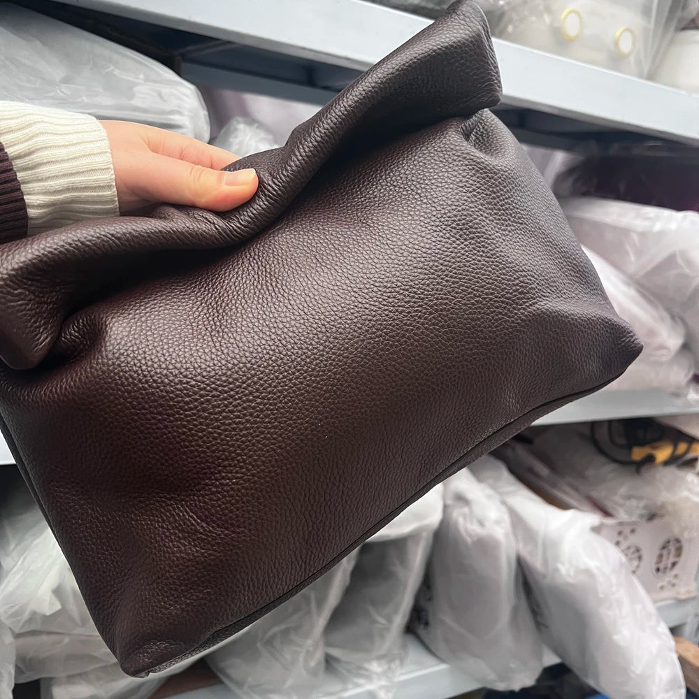 Bolso de mano de piel de vaca 100% auténtica para mujer, bolso de diseñador plegable, bolso con asa magnética Simple