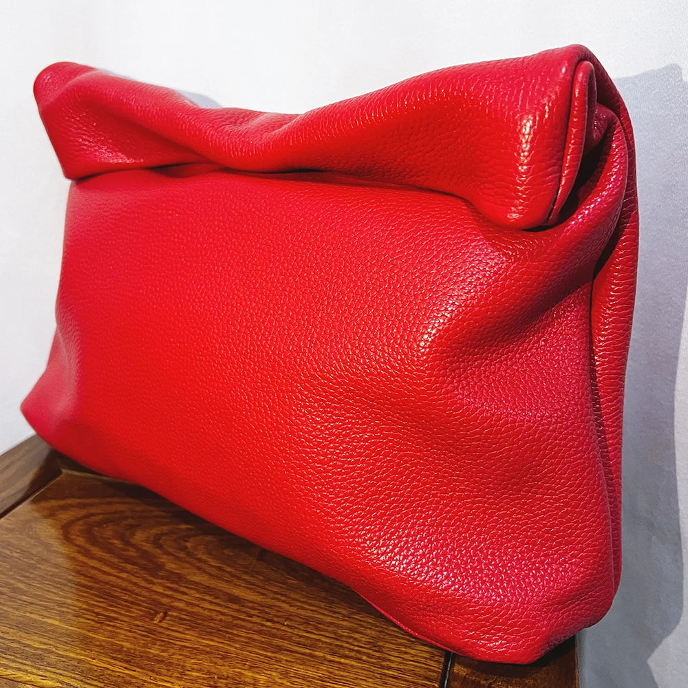Bolso de mano de piel de vaca 100% auténtica para mujer, bolso de diseñador plegable, bolso con asa magnética Simple