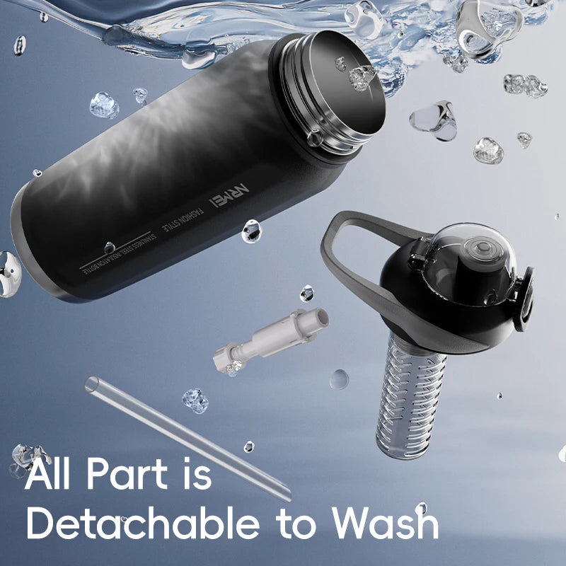 Botella de agua abierta de un botón con cuerda de elevación, botella termo de acero inoxidable de gran capacidad, frascos de vacío para deportes al aire libre