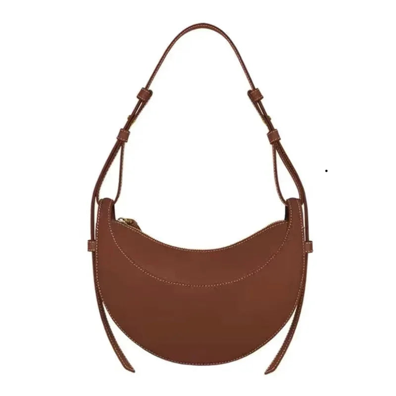 Bolso de hombro de mujer de cuero genuino de moda francesa, bolso de media luna, bolso de hombro tipo bandolera con cierre de cremallera de diseño de nicho