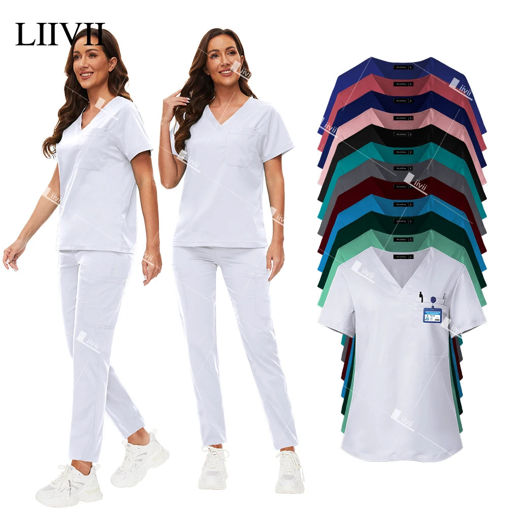 Nuevo conjunto de uniformes médicos, Top elástico con bolsillo, pantalones rectos, uniformes de enfermera, ropa de trabajo de laboratorio para salón de belleza