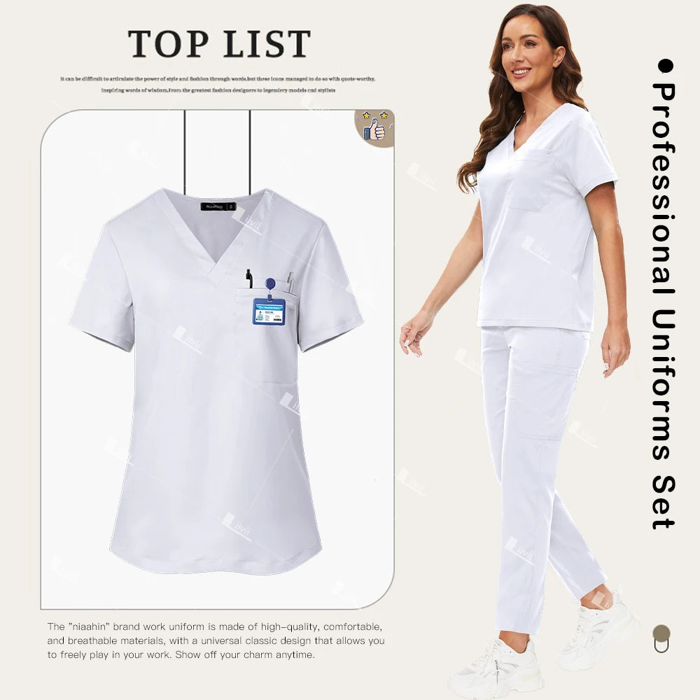 Nuevo conjunto de uniformes médicos, Top elástico con bolsillo, pantalones rectos, uniformes de enfermera, ropa de trabajo de laboratorio para salón de belleza
