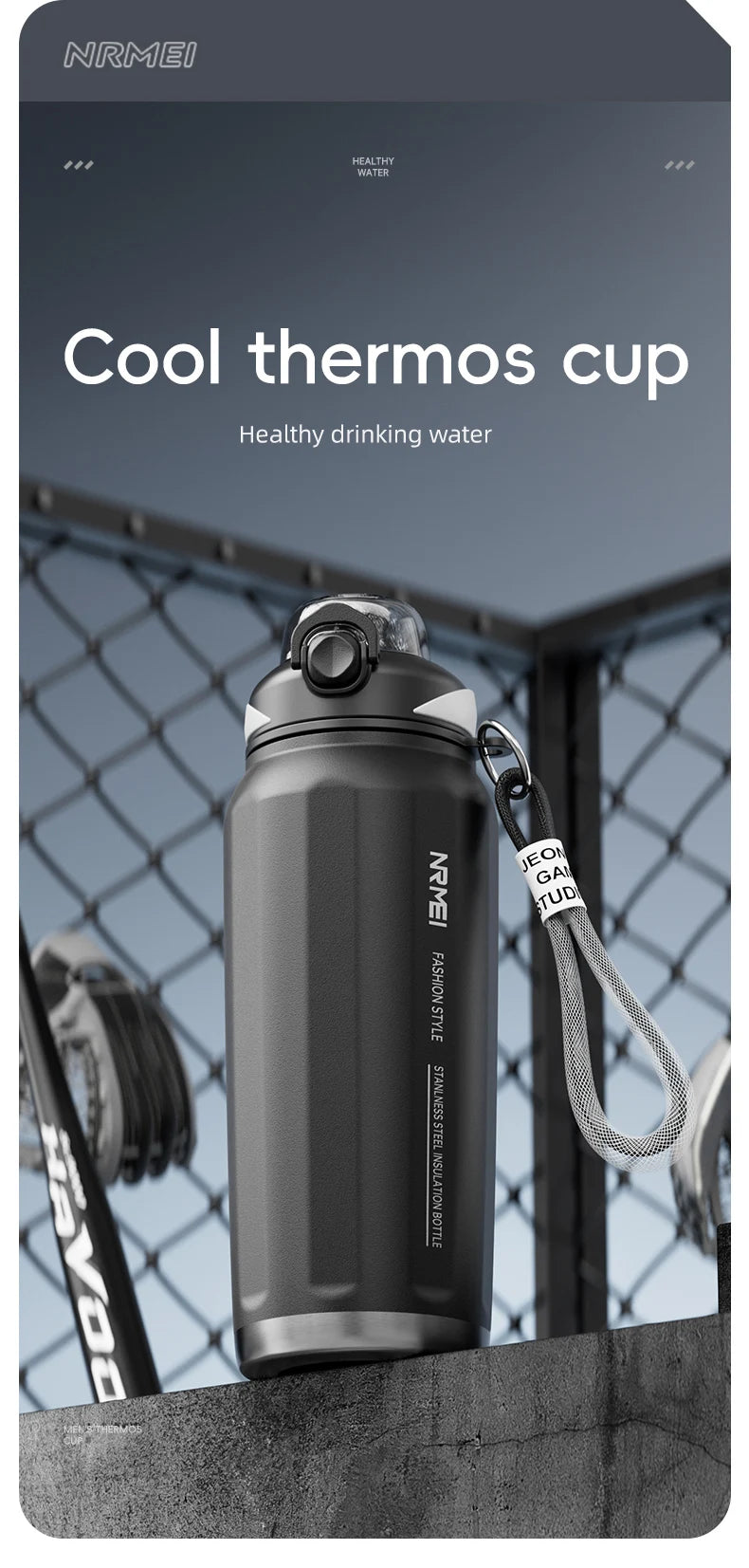Botella de agua abierta de un botón con cuerda de elevación, botella termo de acero inoxidable de gran capacidad, frascos de vacío para deportes al aire libre