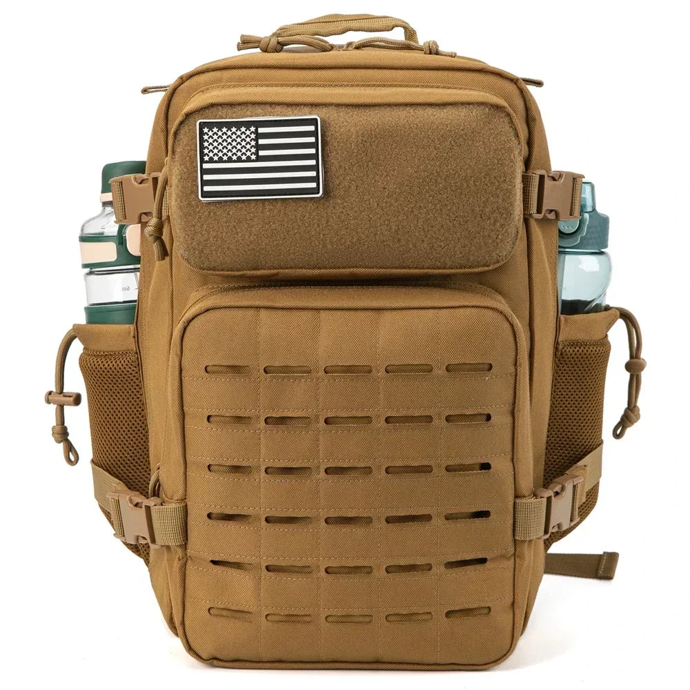 Mochilas tácticas de gimnasio de 25L para hombres, mochila Molle con corte láser de supervivencia, bolsa pequeña para insectos, mochila de caza con portavasos duales