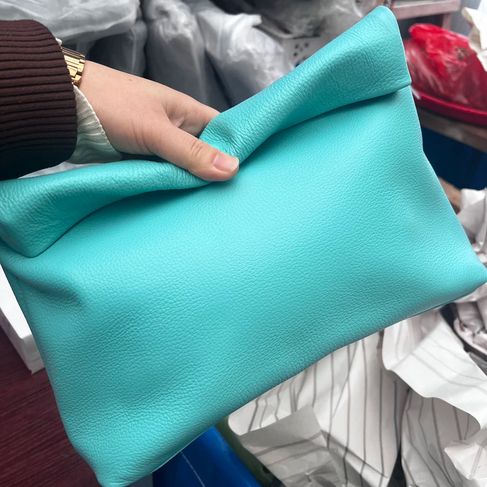 Bolso de mano de piel de vaca 100% auténtica para mujer, bolso de diseñador plegable, bolso con asa magnética Simple