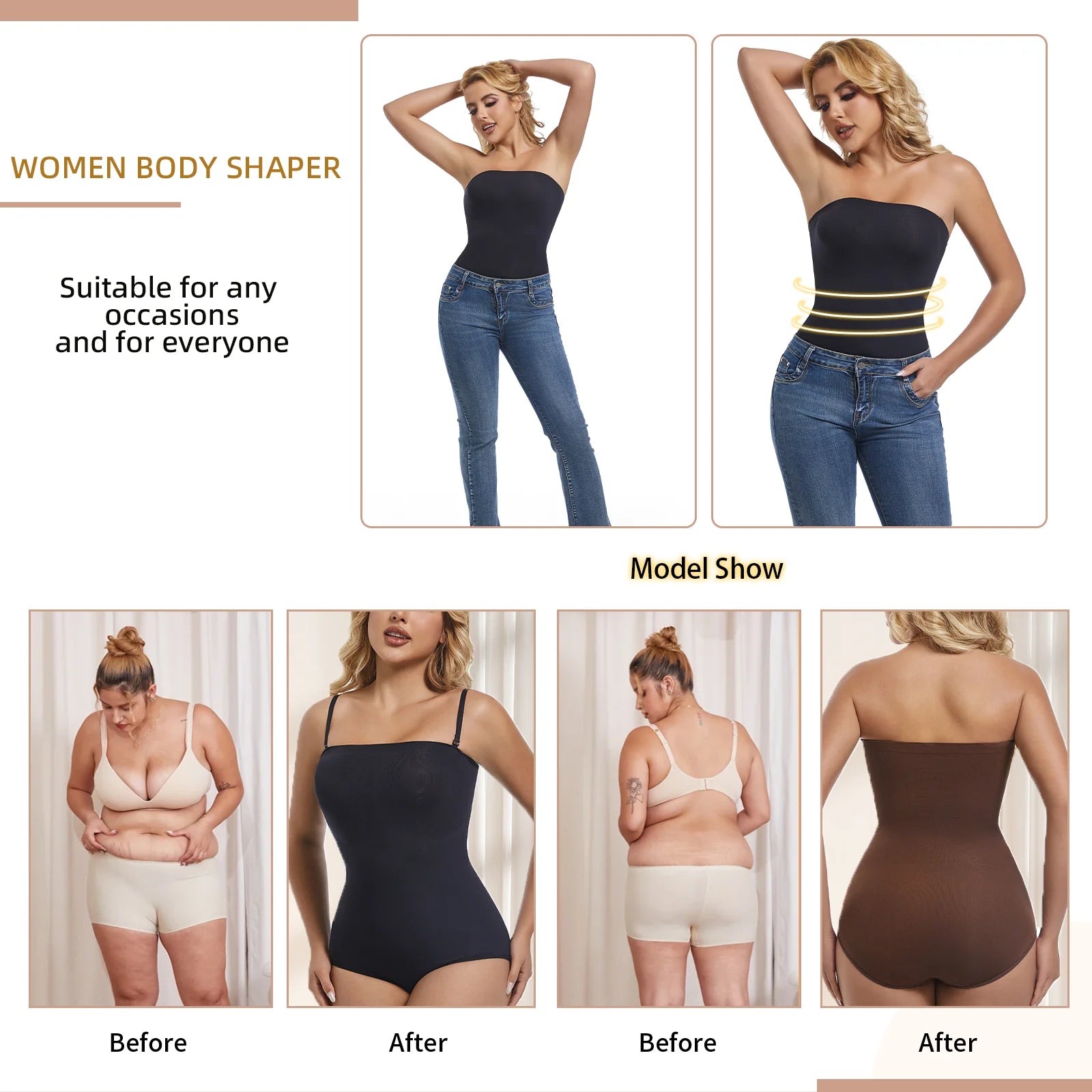 Body sin tirantes para mujer, ropa moldeadora sin costuras, Tops Tude, moldeador de cuerpo, entrenador de cintura de compresión, levantador de glúteos con realce, moldeador sin espalda
