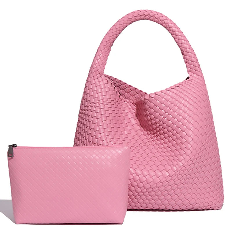 Bolso de mano tejido para mujer, bolso grande tejido, bandolera de cuero suave, bolso de trabajo, comprador, bolso de viaje de playa de verano con monedero