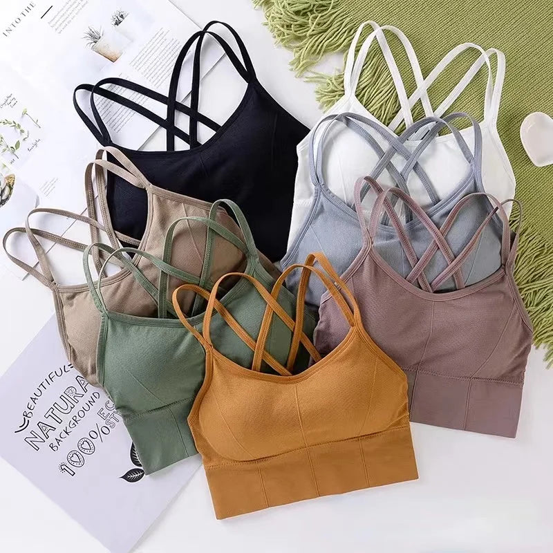 Tops sexis para mujer, camiseta sin mangas con tirantes cruzados en la espalda, Sujetador deportivo Push Up para correr, sujetador de Yoga de Color sólido suave transpirable para Fitness y belleza