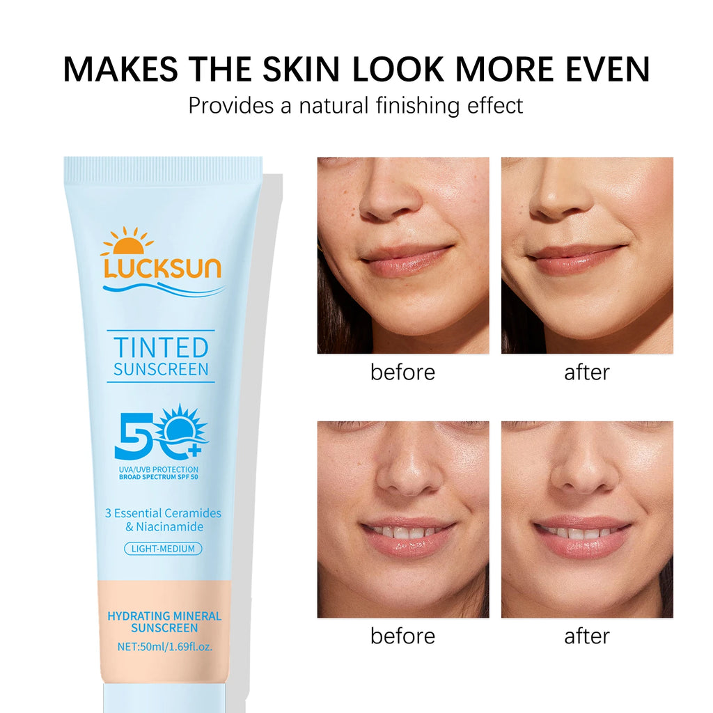 Protector solar teñido SPF 50 Protector solar mineral hidratante para el tono uniforme de la piel con ceramidas niacinamida para tonos de piel claros y medianos, 50 ml