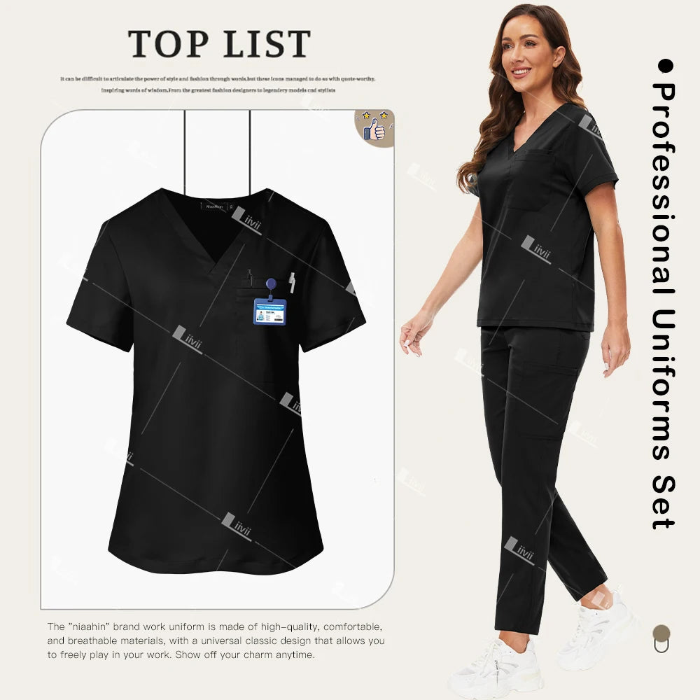 Nuevo conjunto de uniformes médicos, Top elástico con bolsillo, pantalones rectos, uniformes de enfermera, ropa de trabajo de laboratorio para salón de belleza